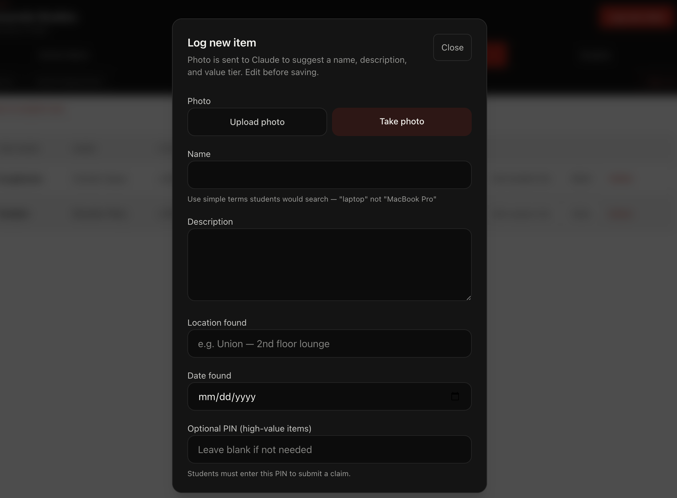 Claim and pickup verification screen