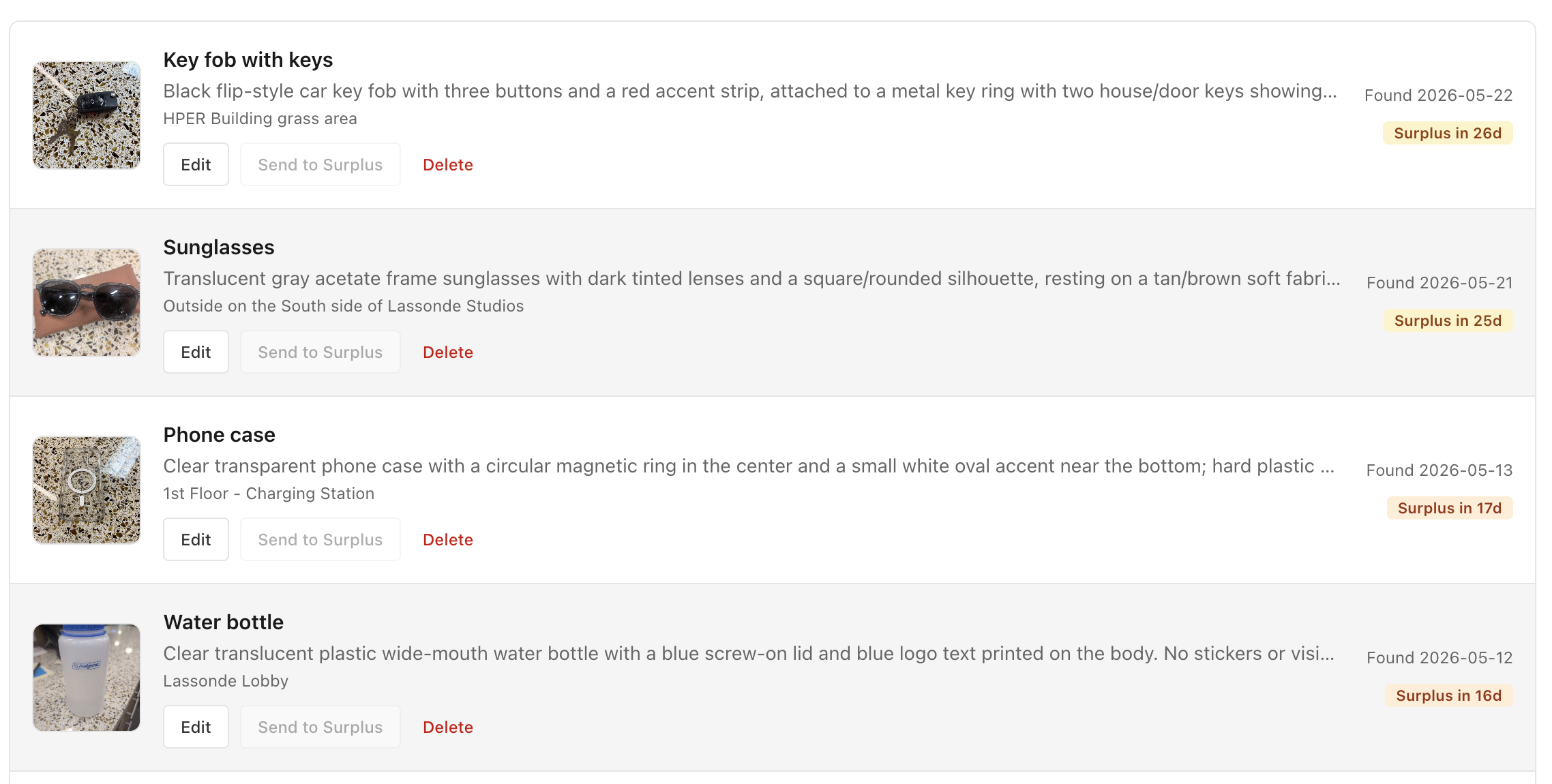 Staff dashboard showing logged lost items
